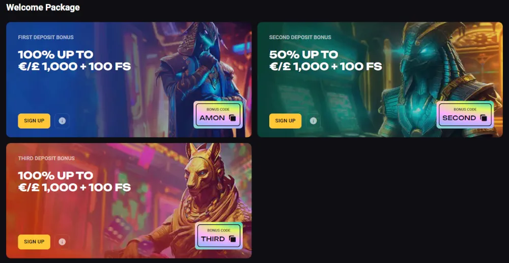AmonBet multi-tier welcome package for new casino players.